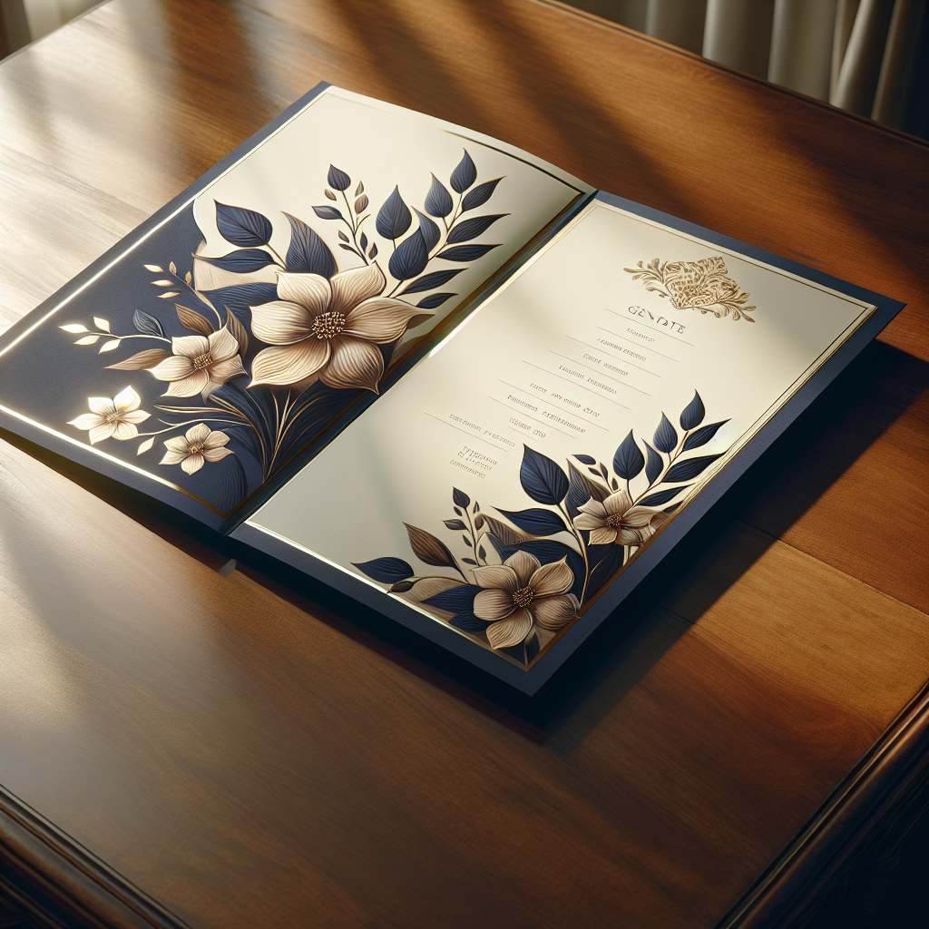 A folded funeral program on a wooden table with elegant design, multiple panels visible, and natural lighting.