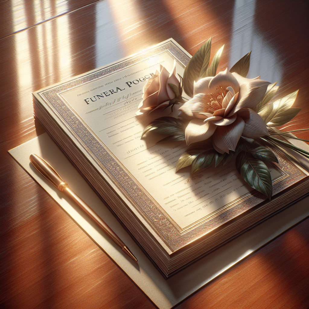 Realistic image of a folded funeral program on a wooden table with a flower.