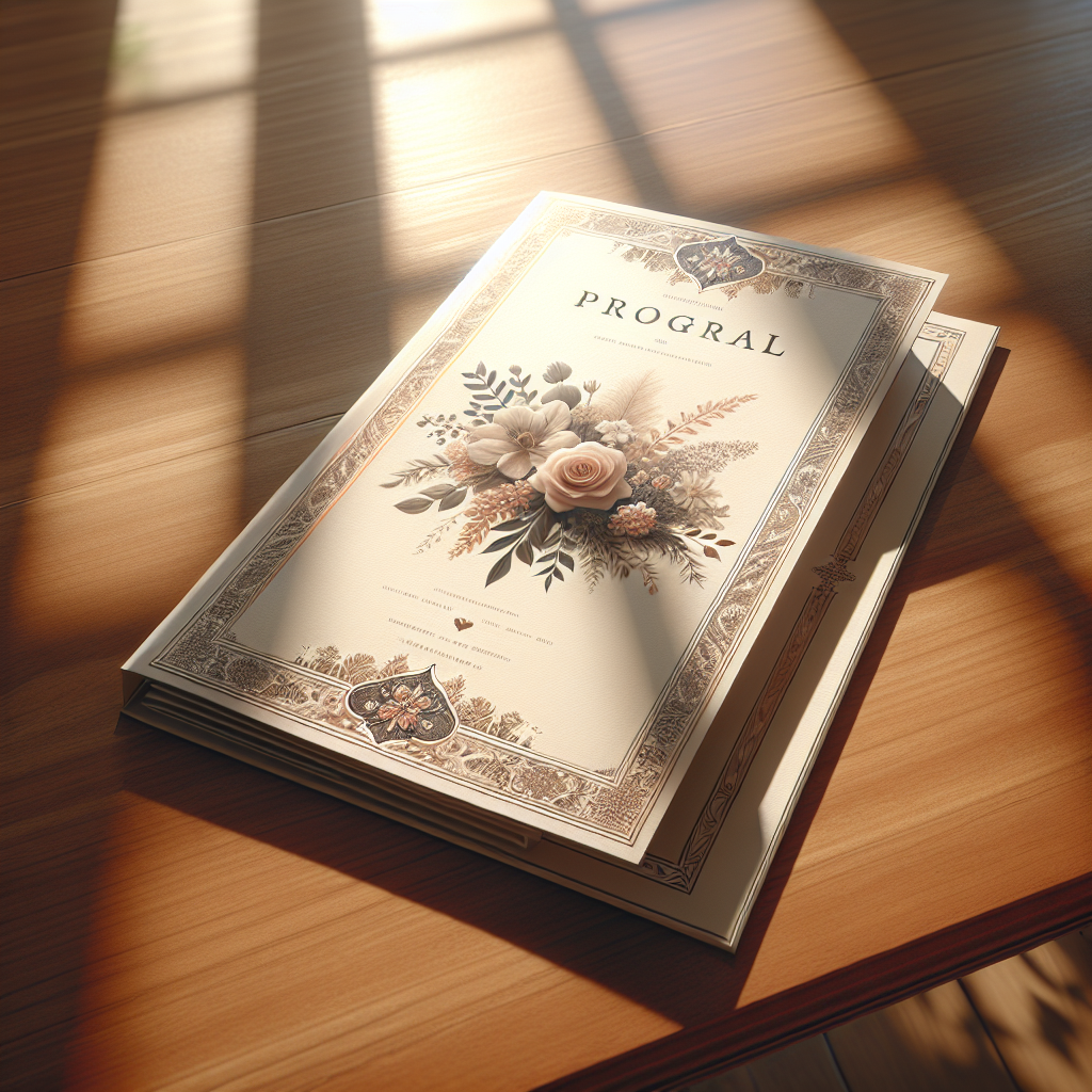 A realistic image of a folded funeral program on a wooden table, with elegant floral designs and photos, softly lit by natural light.