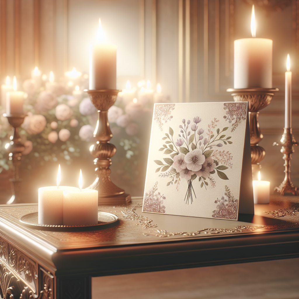 A realistic image of a memorial card on a wooden table surrounded by soft glowing candles, evoking a peaceful and respectful atmosphere.