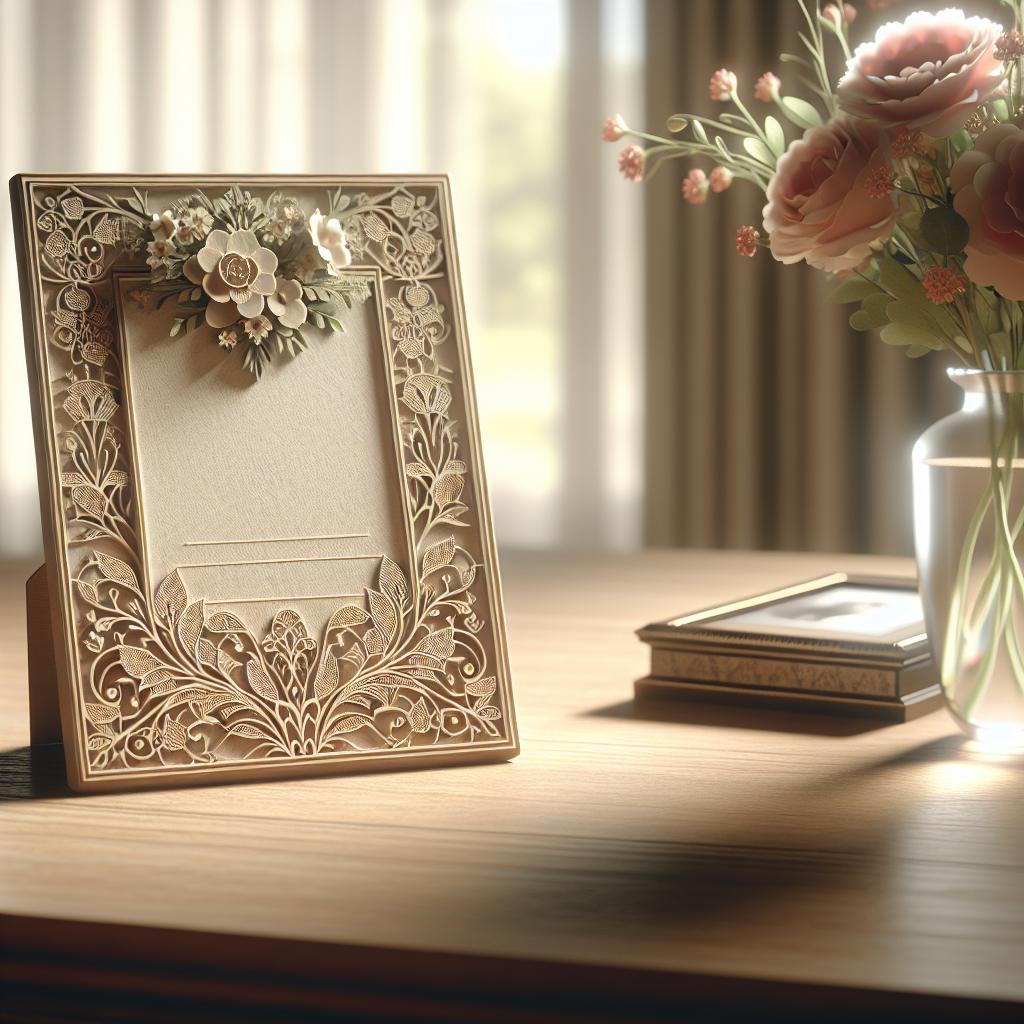 A realistic image of a memorial card with floral patterns on a wooden table, accompanied by a vase of flowers and an empty photograph frame.