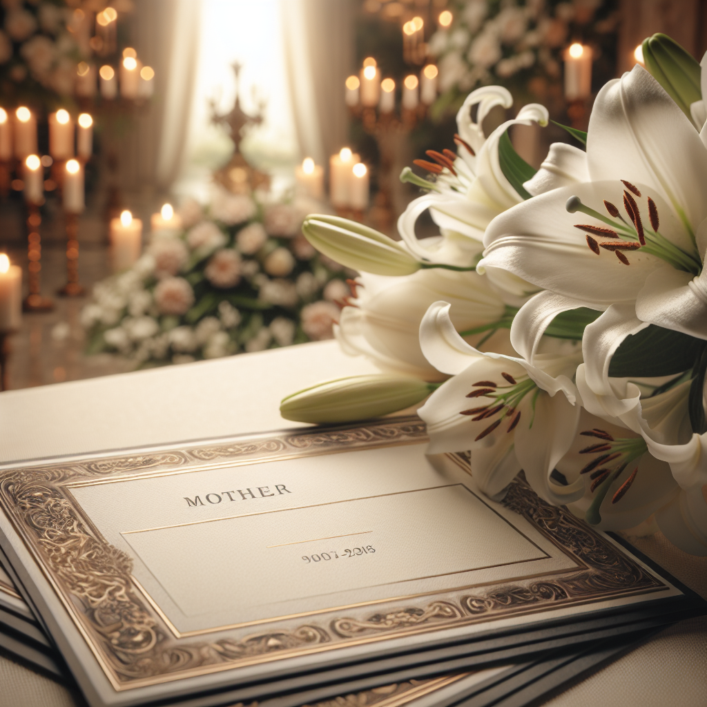 White lilies and elegant memorial cards in a serene setting representing the loss of a mother.