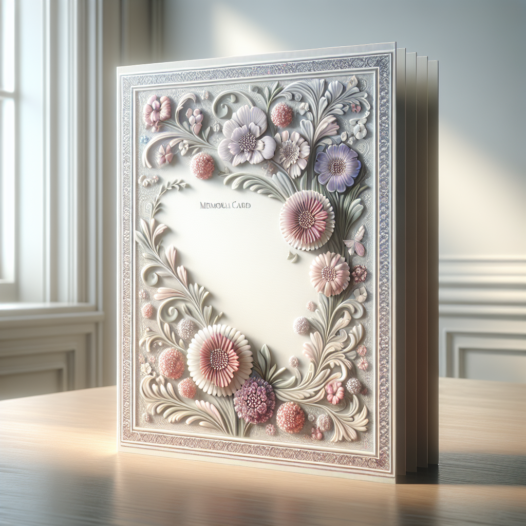 A beautifully designed memorial card on a wooden table with intricate floral borders in pastel colors.