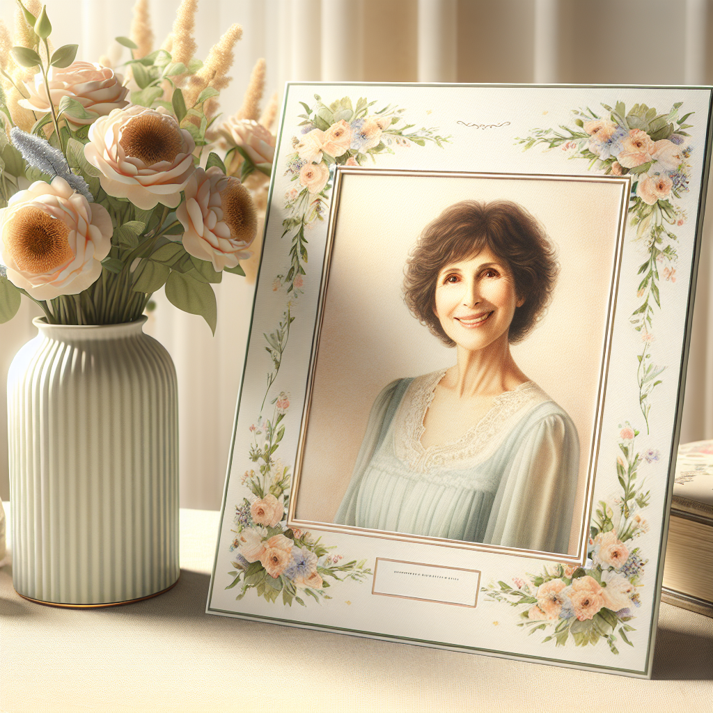 Memorial card next to a framed photograph of a smiling mother, in a sunlit room with flowers.