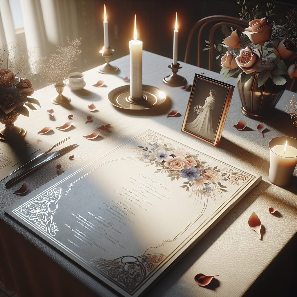 A beautifully crafted funeral program on a table with candles, a framed photo, and flower petals in a softly lit room.