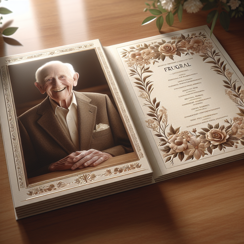 A well-crafted funeral program placed on a wooden table, partially opened revealing personal tributes inside with floral designs on the cover.