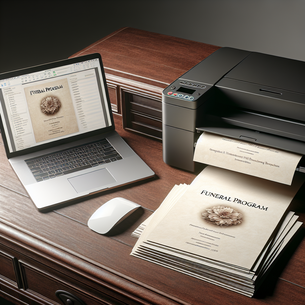 A desk setup for funeral program printing with a laptop, printed programs, and a printer.