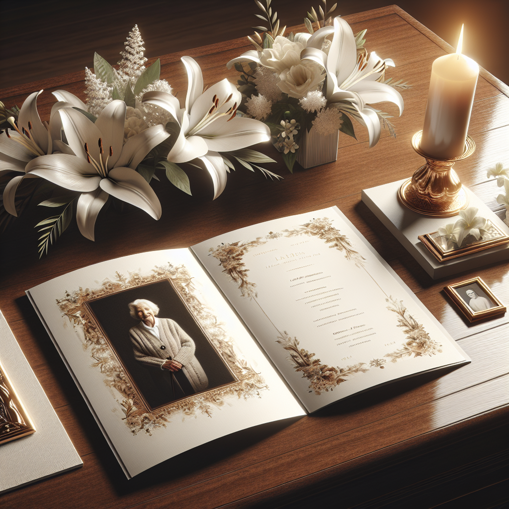 Realistic image of a funeral program on a wooden table with white lilies, a lit candle, and a framed picture.