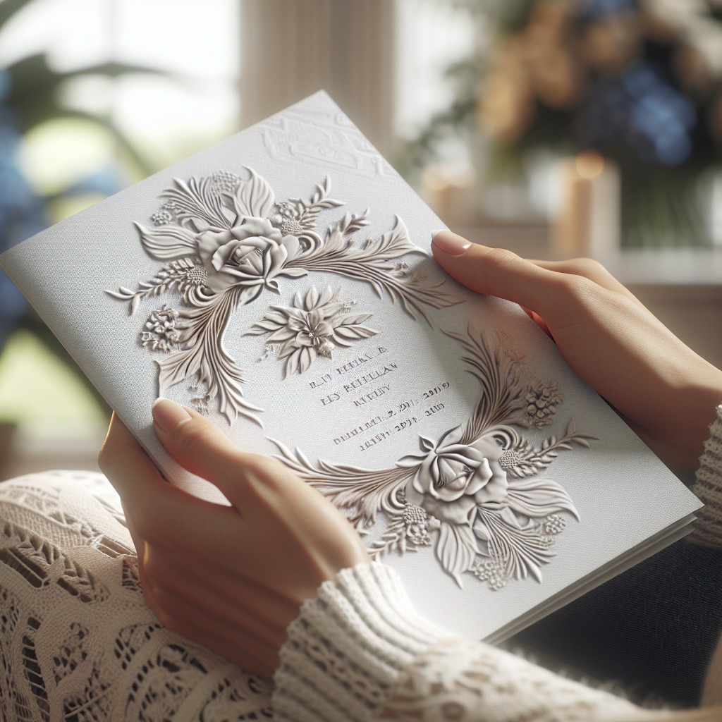 A pair of hands holding a detailed funeral program with a soft floral cover.