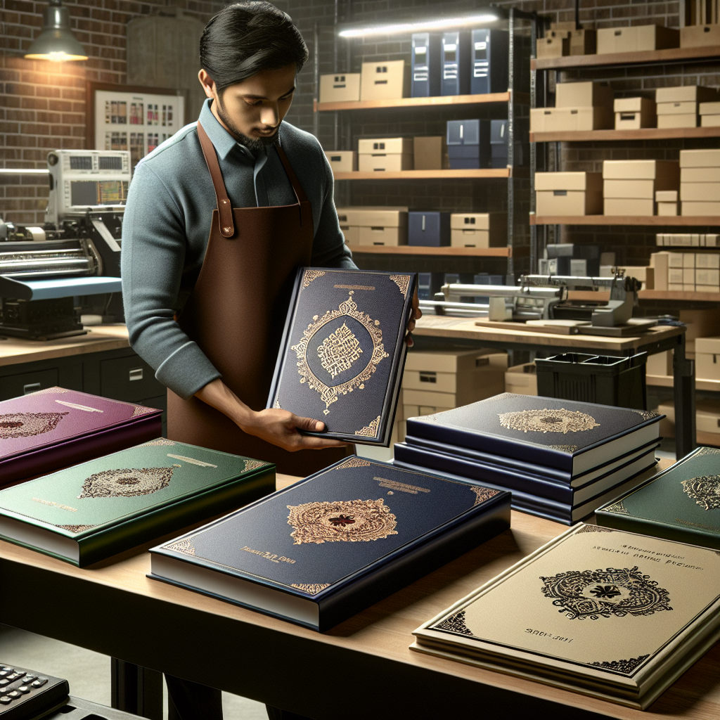 Worker arranging high-quality funeral programs in a professional printing service office.