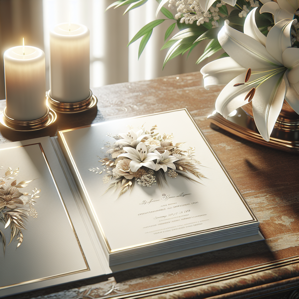 High-quality funeral program on a wooden table with a candle and lilies in the background.