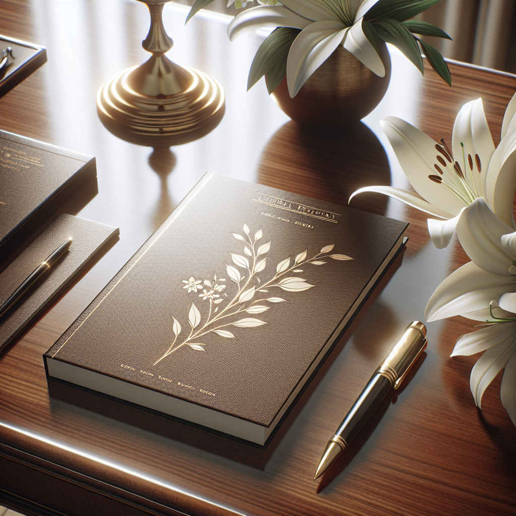 A realistic image of a well-organized funeral program on a polished wooden table with a fountain pen and a small vase of white lilies.