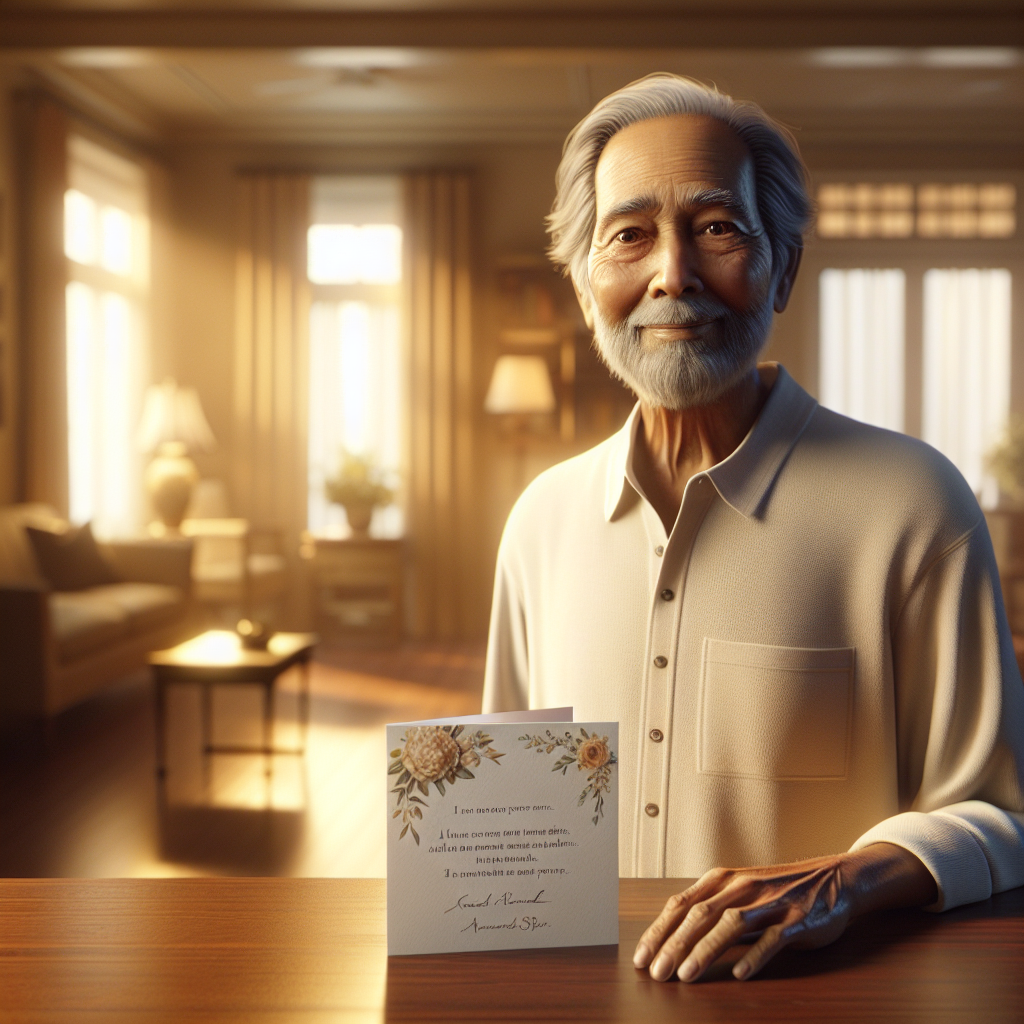 A serene image depicting an elderly man beside a memorial card in a warm, intimate setting.