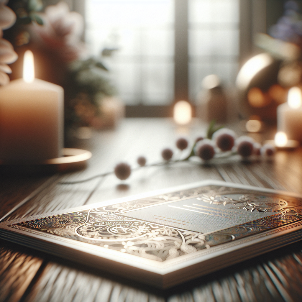 A realistic depiction of a serene memorial card setting on a wooden table with gentle ambient lighting.