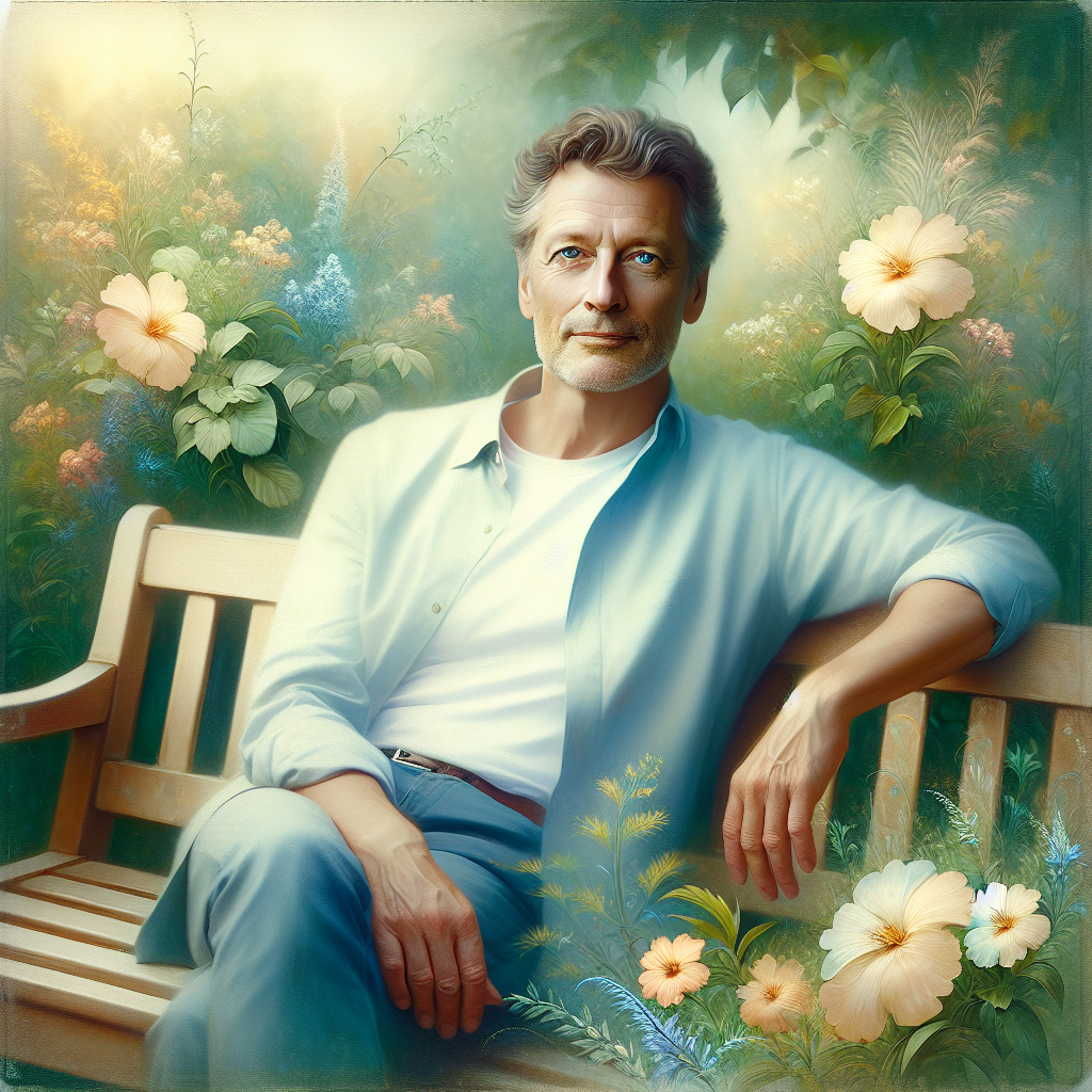 A realistic image of a middle-aged man sitting on a bench in a blooming park, symbolizing a father's memory.