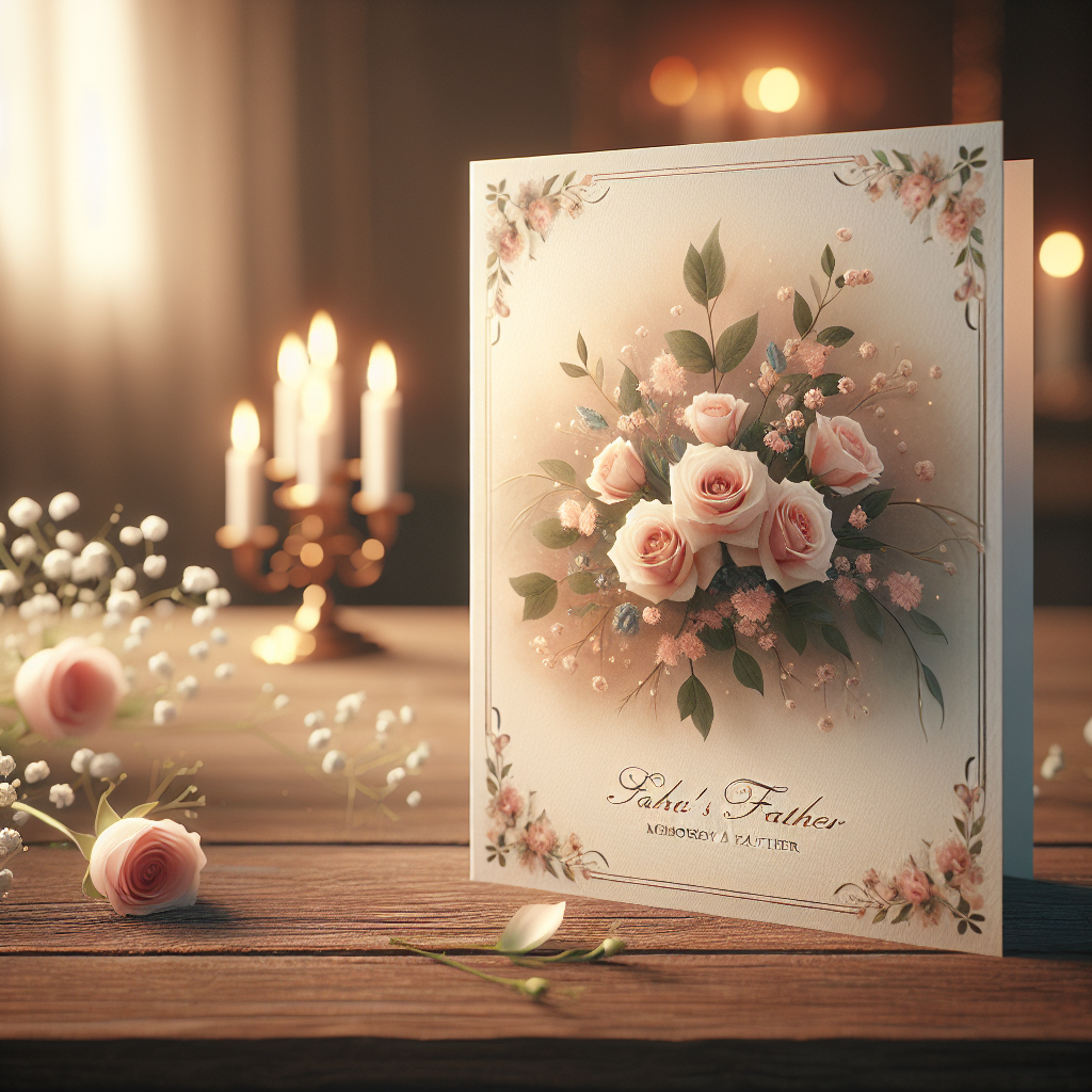 A serene memorial card setup with pink roses and baby's breath on a rustic wooden table.