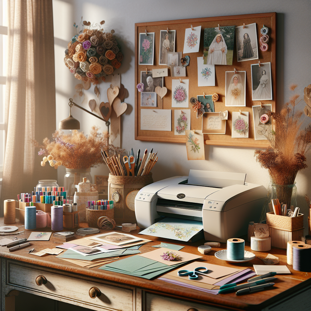 A cozy workspace for making memorial cards with cardstock, a printer, and embellishments on a wooden desk.