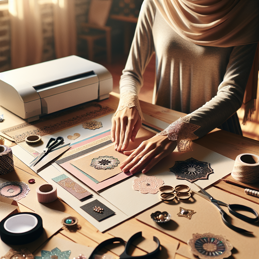 Person creating a memorial card with various crafting materials on a wooden table.