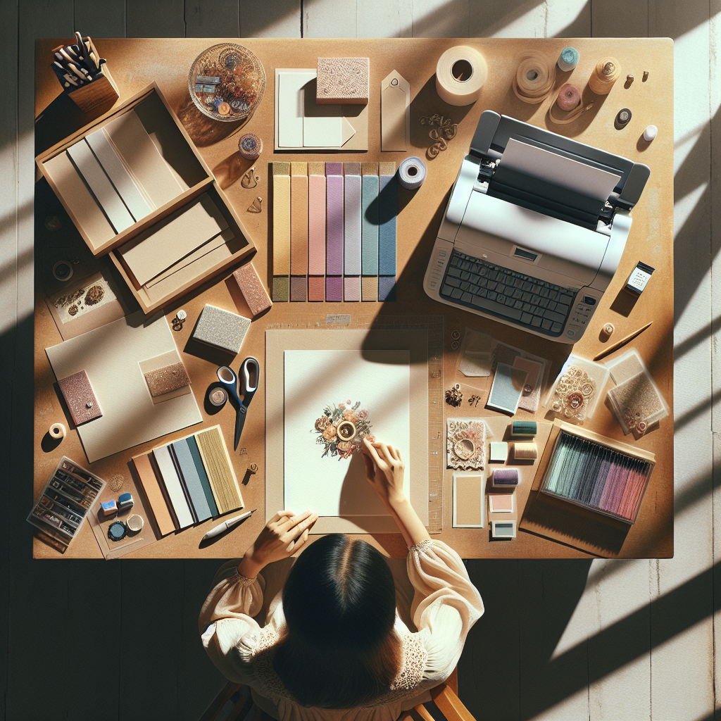 A realistic image of a tidy workspace for making memorial cards, including cardstock, printer, ribbons, and beads.