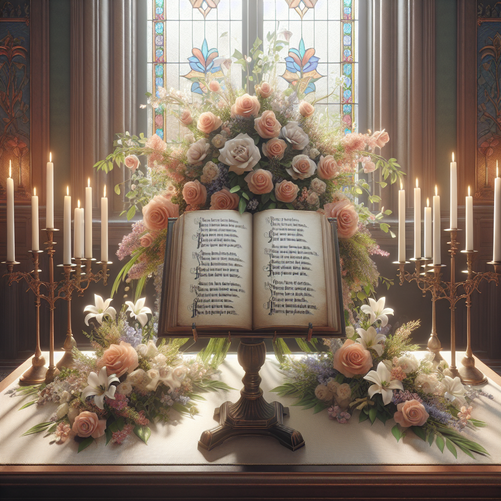 A serene funeral setting with an open book of poems placed on a flower stand, surrounded by roses and lilies.