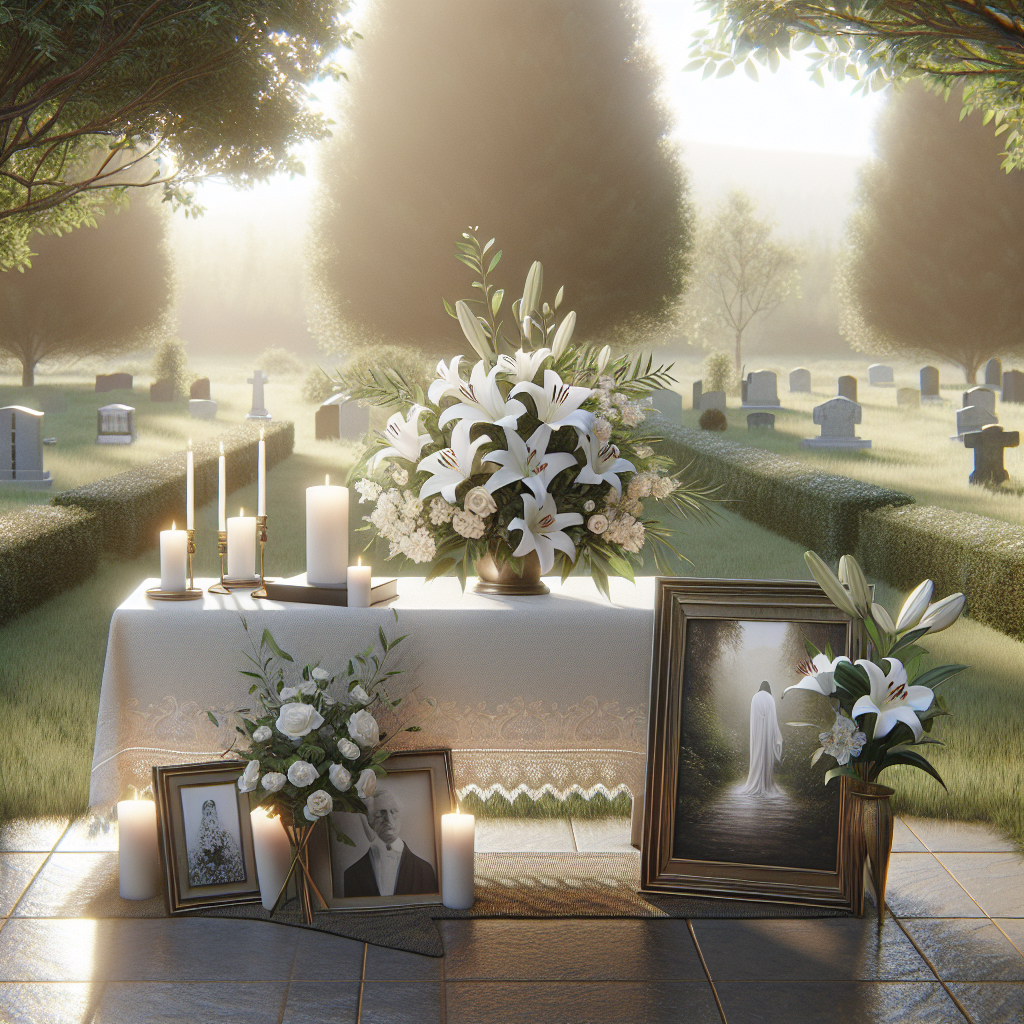 A serene outdoor funeral setting with a memorial table decorated with framed photos, candles, and flowers.