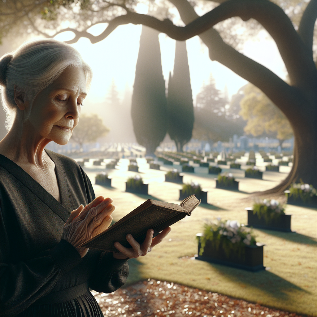 An elderly woman reading a poem by a graveside in a serene cemetery during a funeral.