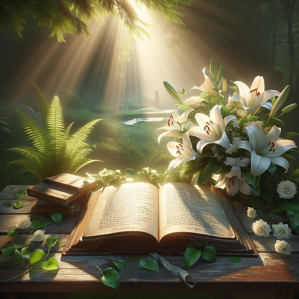 A serene scene with an open book of poems, white lilies, and soft sunlight, symbolizing peace and remembrance.