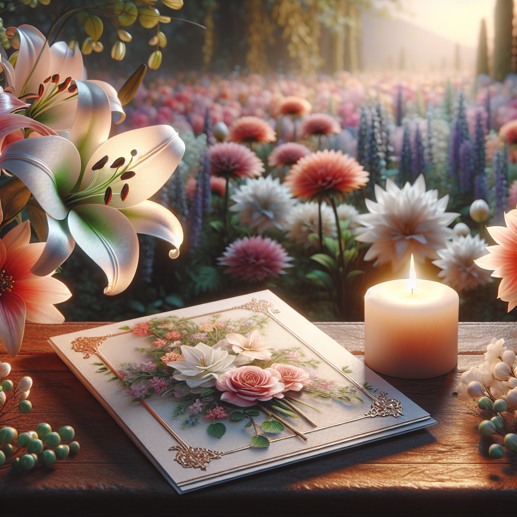 A serene garden scene with a floral memorial card, a candle, and a white lily on a wooden table.