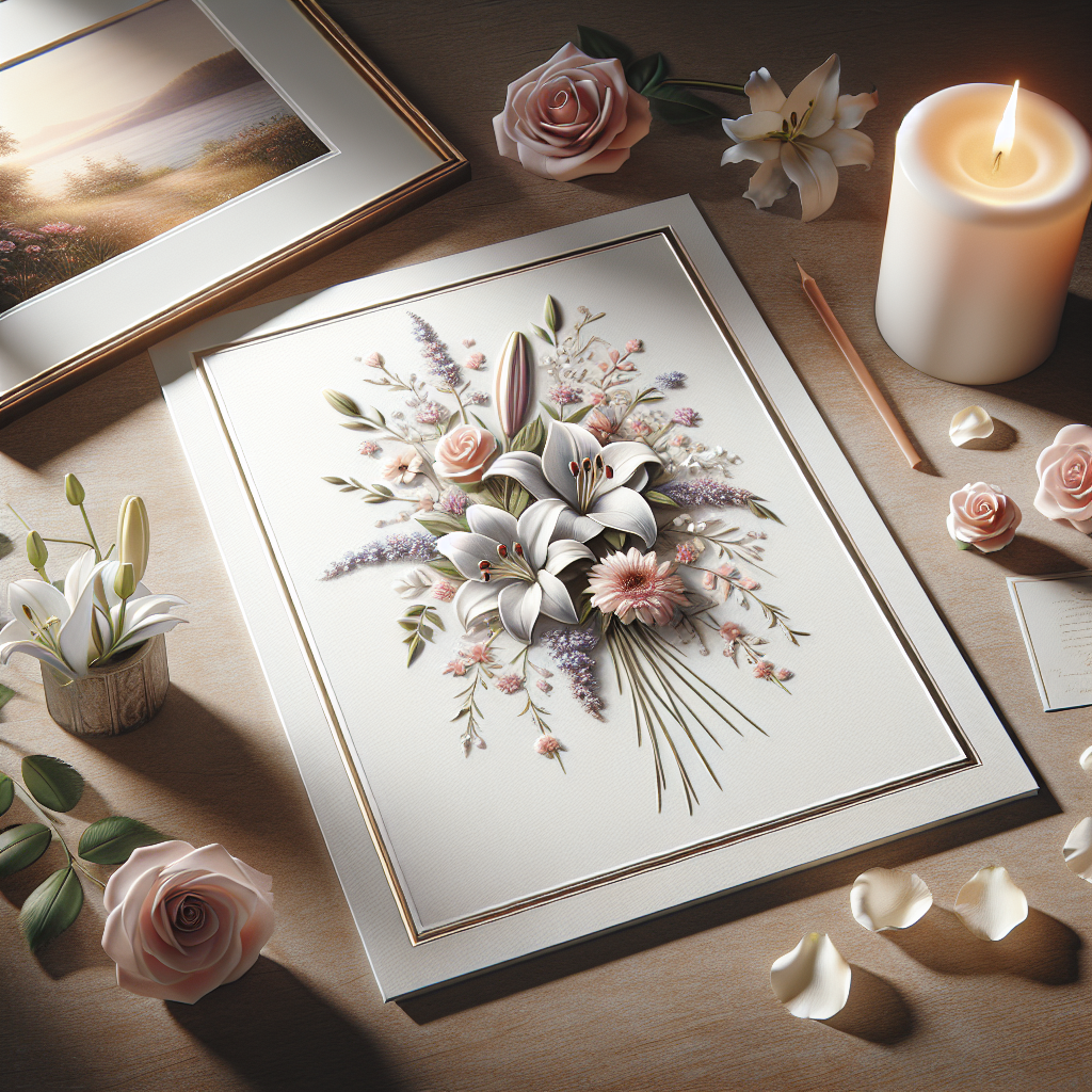 A realistic image of a memorial card with floral designs, surrounded by a lit candle, rose petals, and a framed landscape photograph.