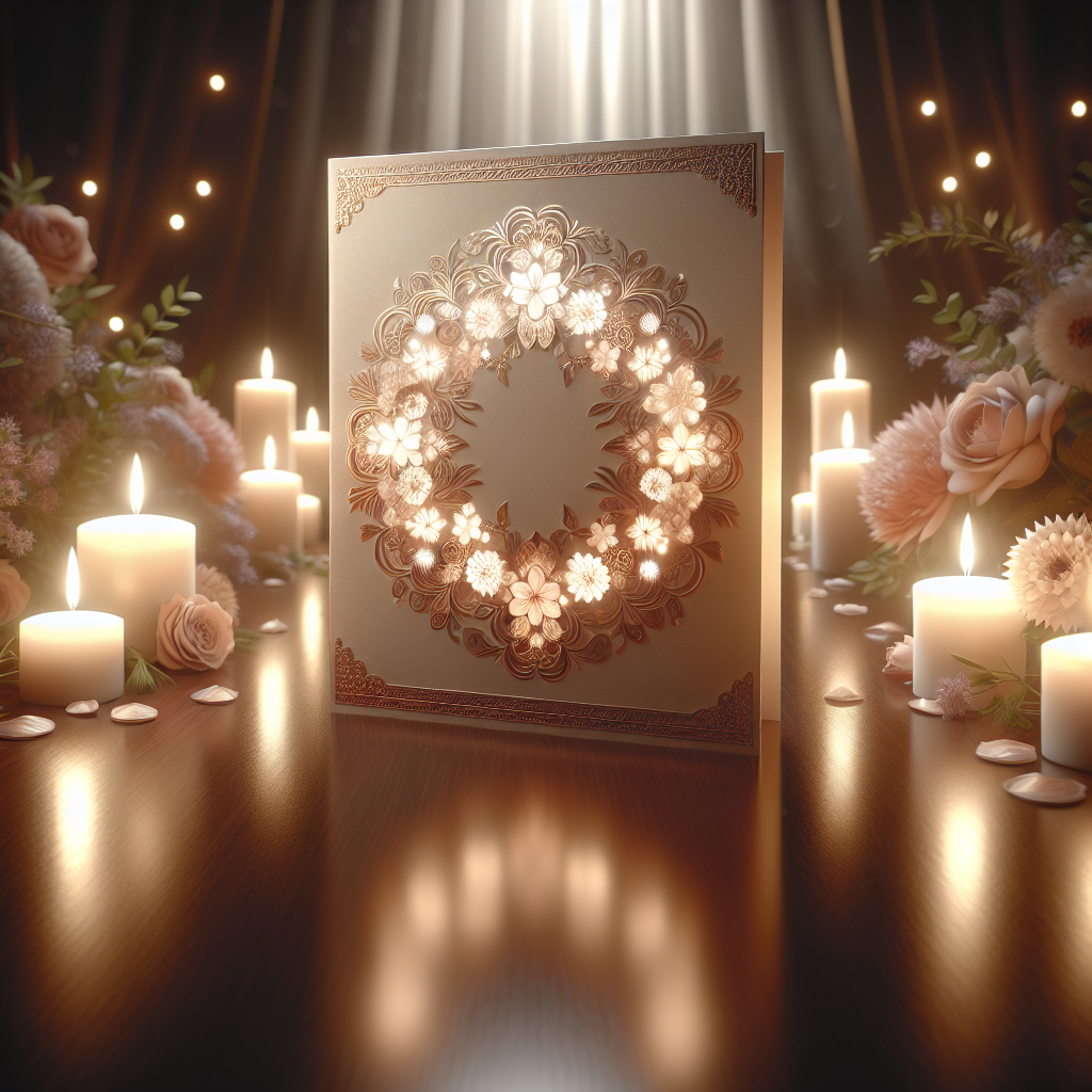 A realistic image of a memorial card on a wooden table with flowers and candles.