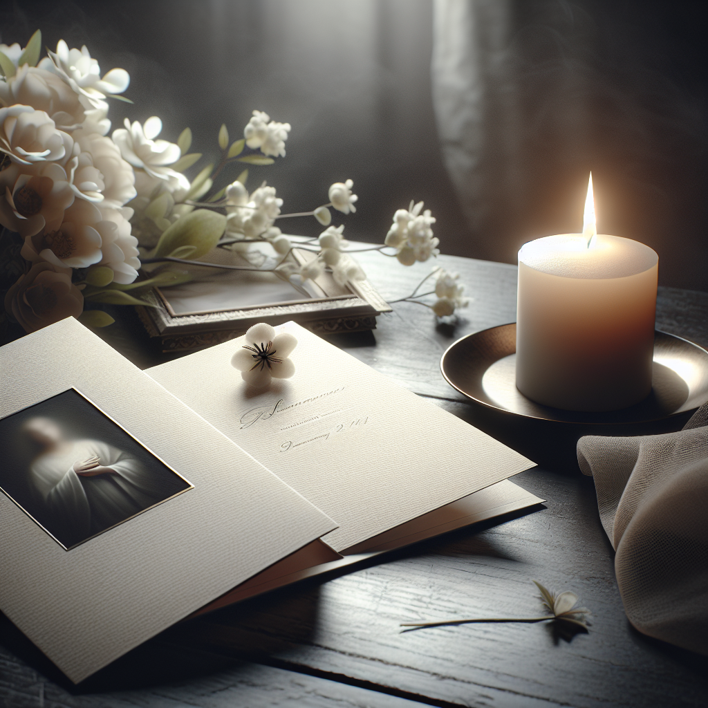 A realistic image of a memorial card on a wooden table with a lit candle, white flowers, and a photograph.