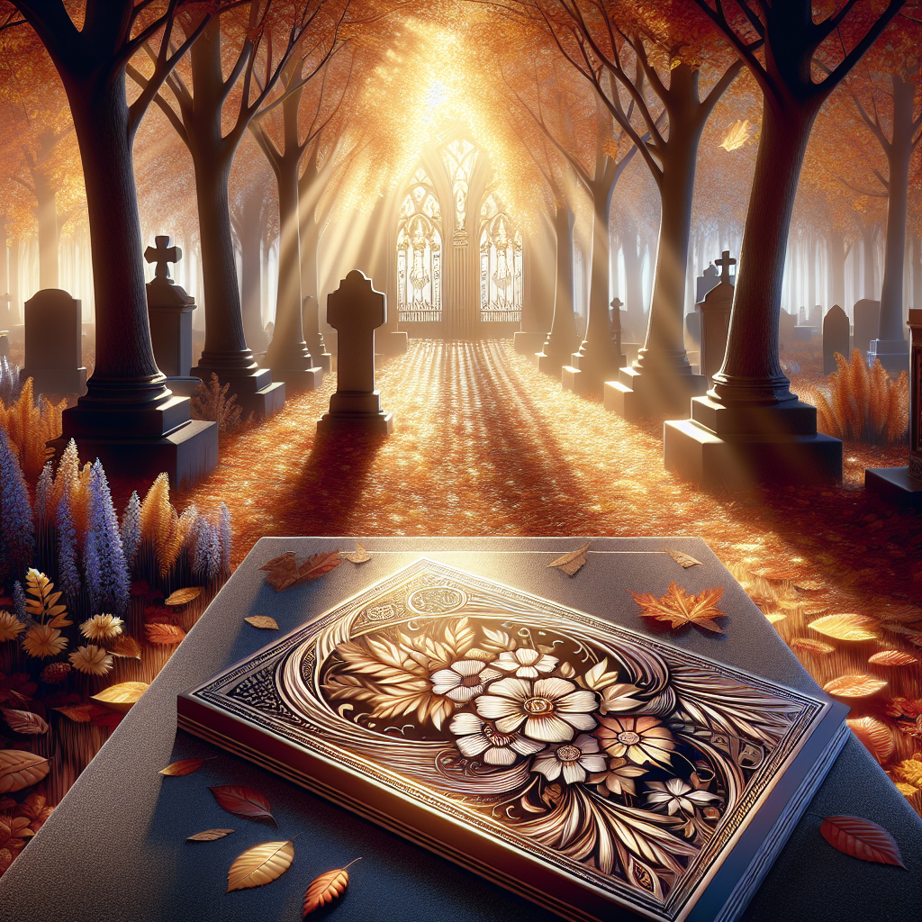 A serene autumn graveyard scene with a beautifully designed memorial card on a grave.