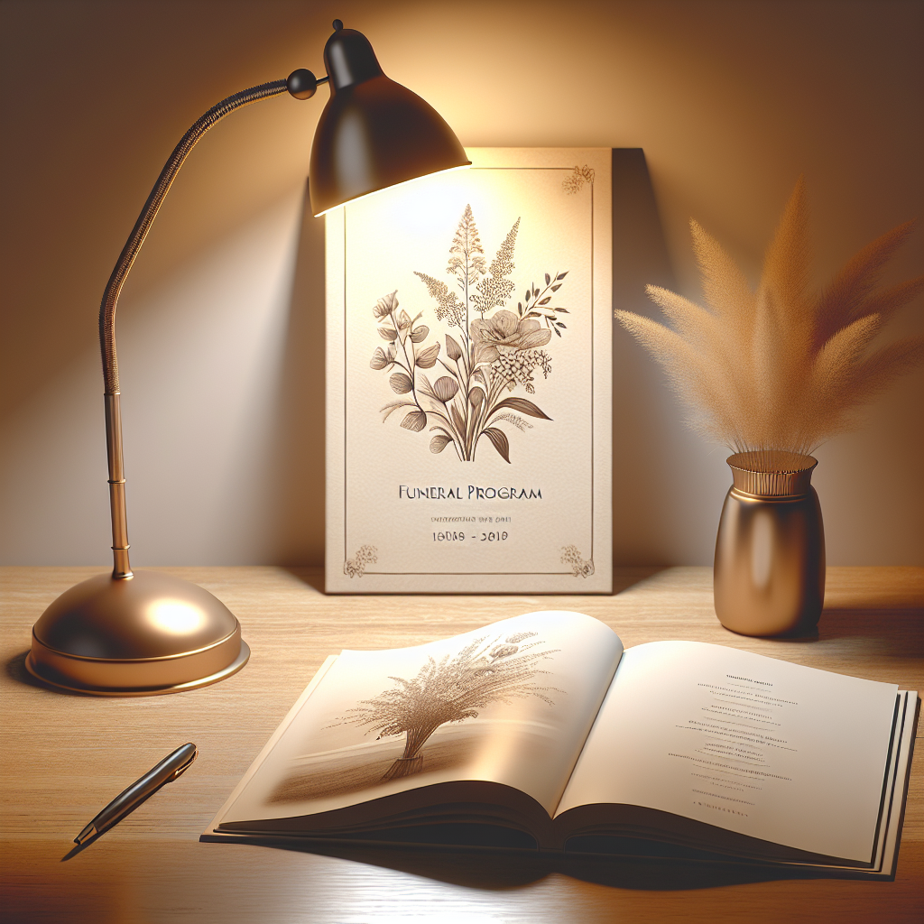 A desk with an open, elegantly designed funeral program book and a vintage lamp casting soft lighting.