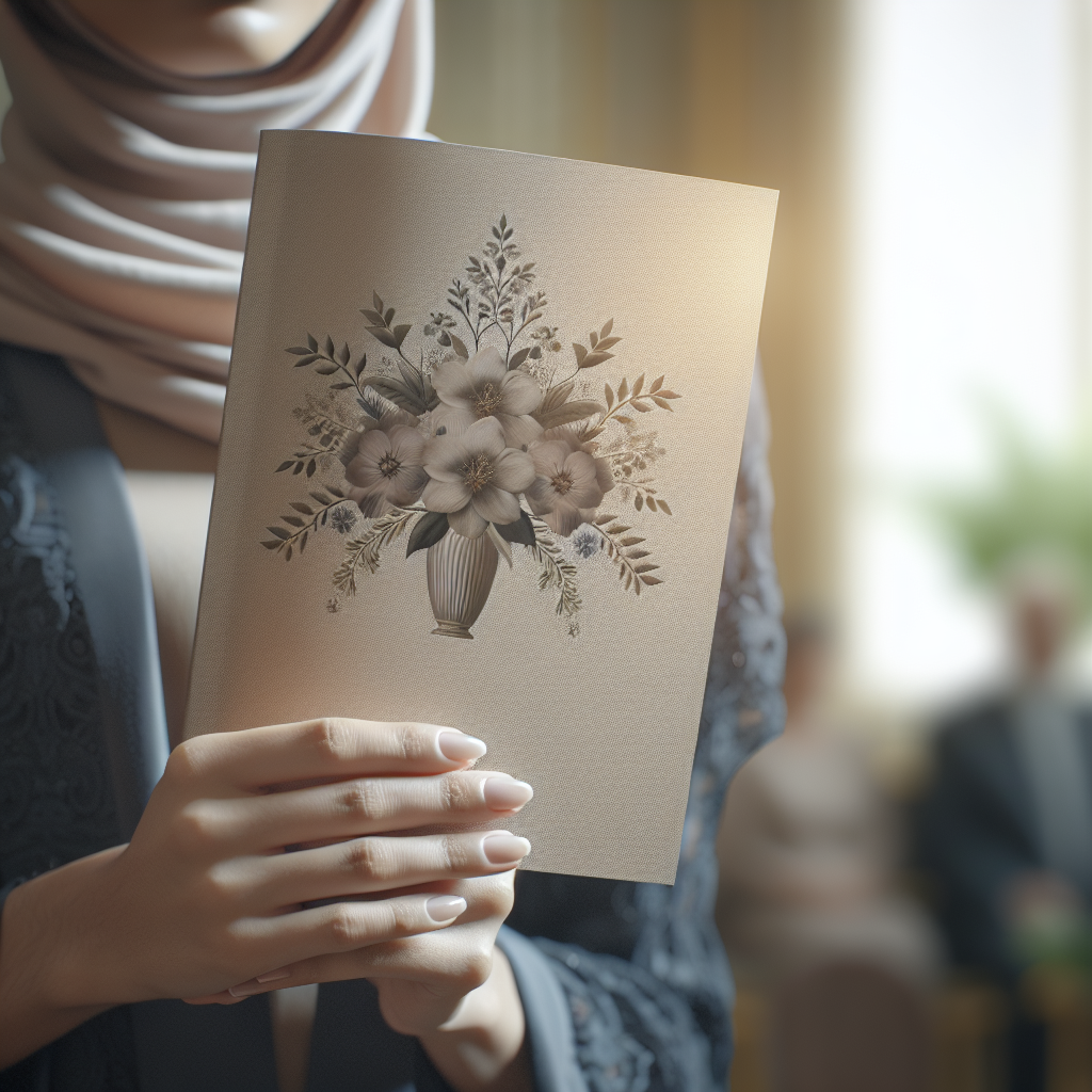 A realistic image of an elegant funeral program booklet being held.