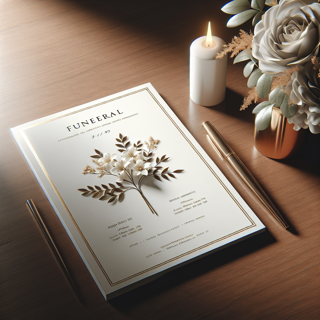 A realistic image of a funeral program on a wooden desk with a flower bouquet, a pen, and a candle.