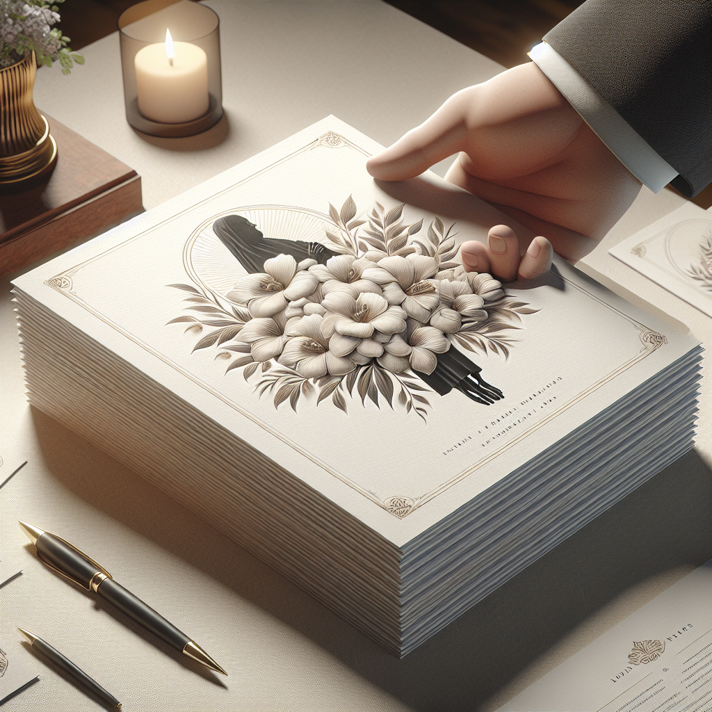 A hand holding a stack of elegantly designed funeral programs printed on high-quality paper.