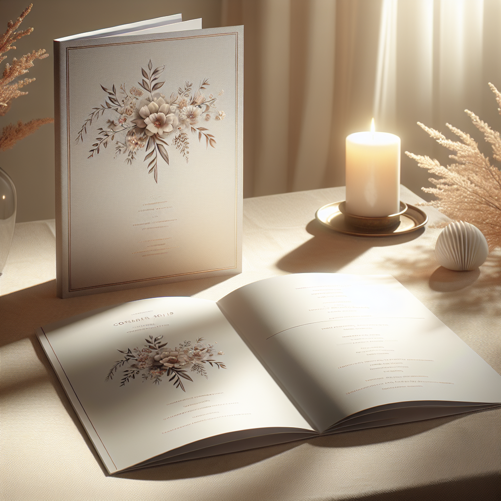 A realistic depiction of an elegant funeral program placed on a table, surrounded by a candle and a white flower.