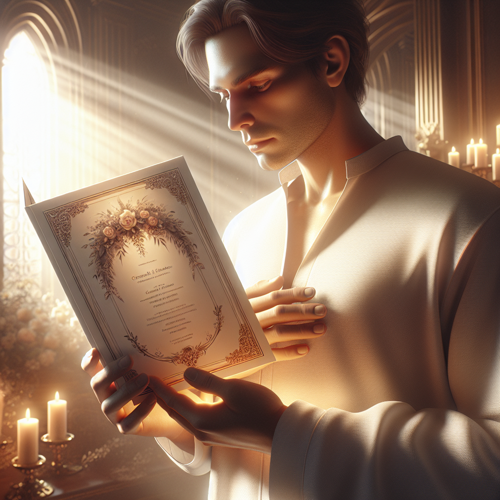 A realistic image of a person holding a well-designed funeral program in a serene, warmly lit room.