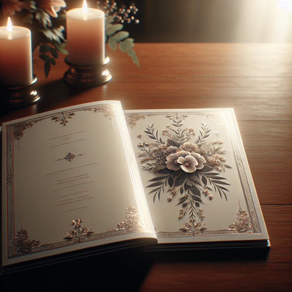 A funeral program template on a wooden table with floral designs and a classic layout.