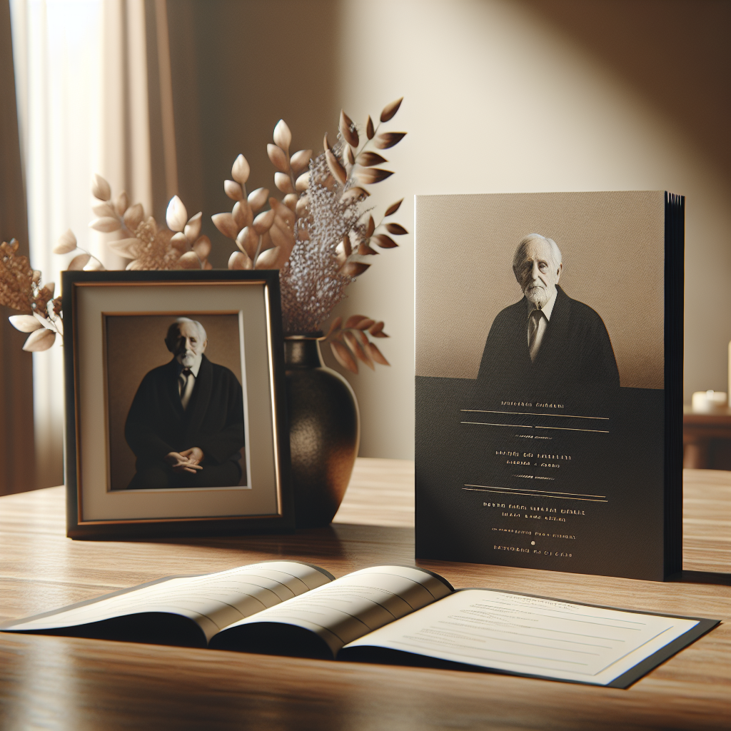 A funeral program template on a wooden table with a portrait in the background.