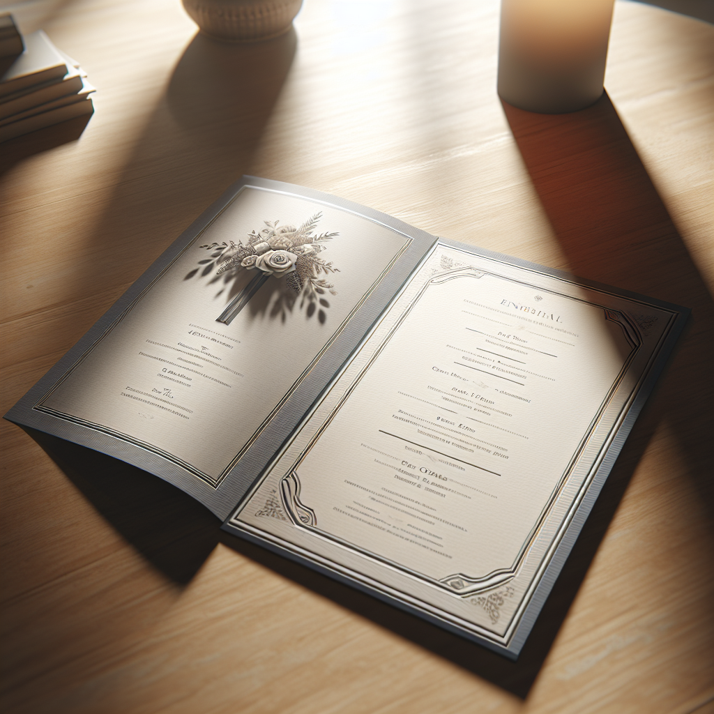 A realistic funeral program template on a wooden table with natural lighting.