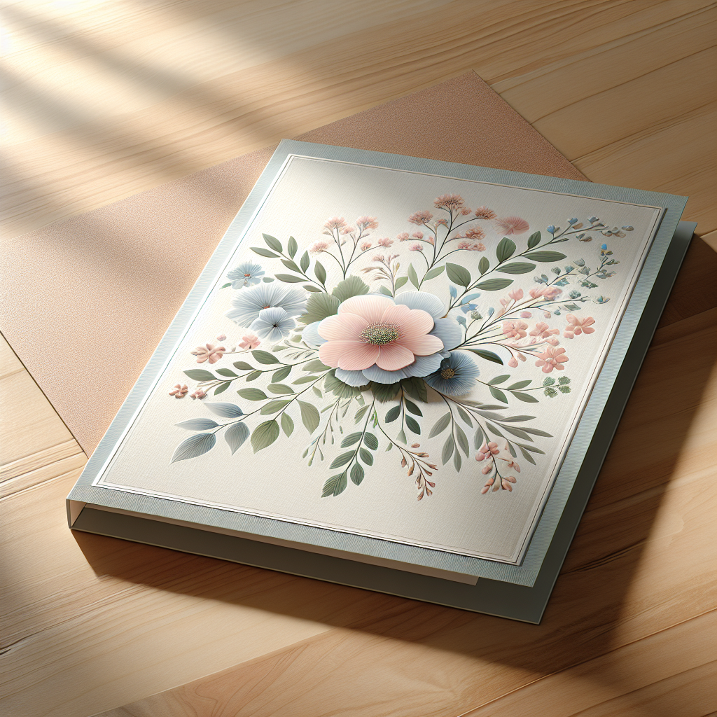 A beautifully designed memorial card with an elegant, floral design placed on a wooden table.