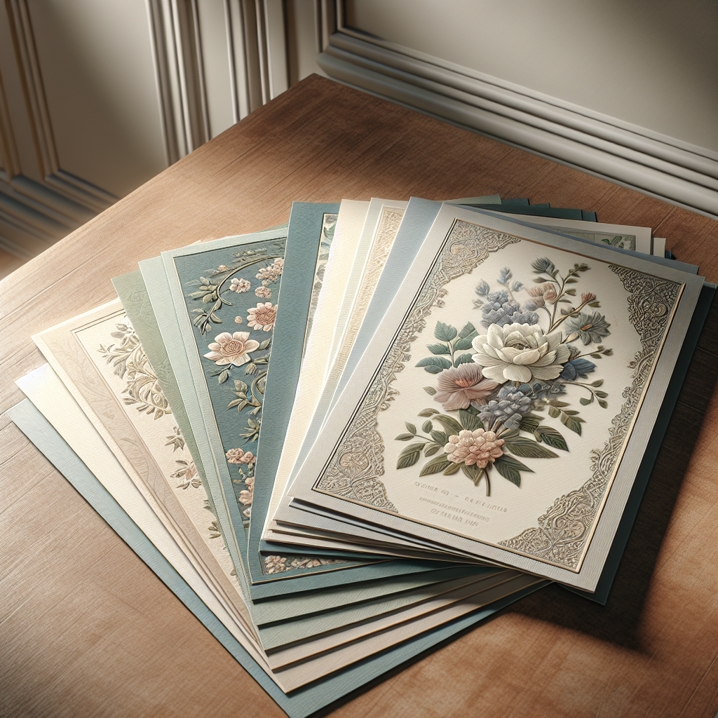 Elegant memorial cards with floral designs on a wooden table under natural light.