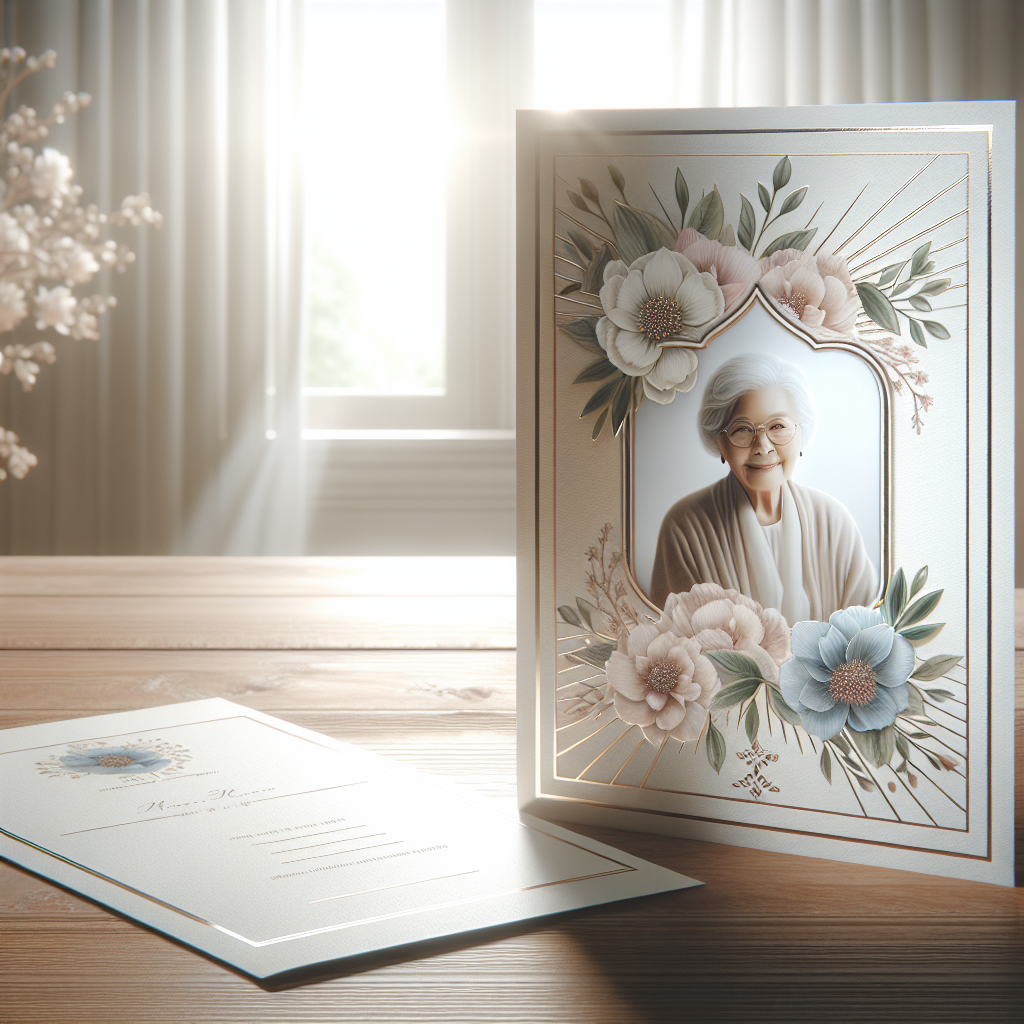 A realistic memorial card on a wooden table, with floral designs and a small framed photo of an elderly woman.