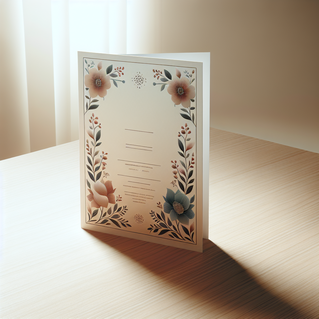 A realistic memorial card with elegant floral patterns on a light brown wooden table.