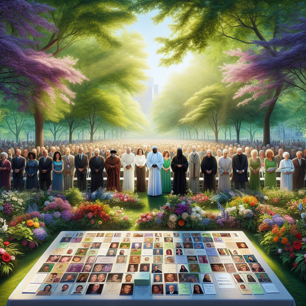 A peaceful scene at a memorial event in a park with diverse people and memorial cards featuring non-religious verses.