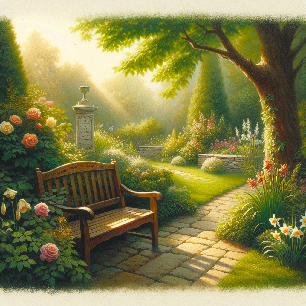 A serene garden with colorful flowers and a wooden bench, evoking tranquility and reflection.