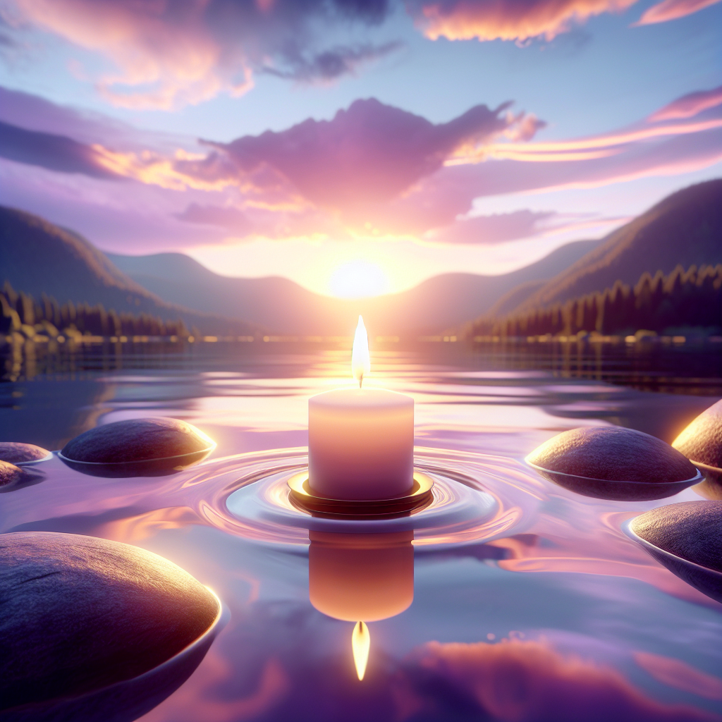 A serene sunset over a calm lake with a burning white candle in the foreground, symbolizing remembrance.