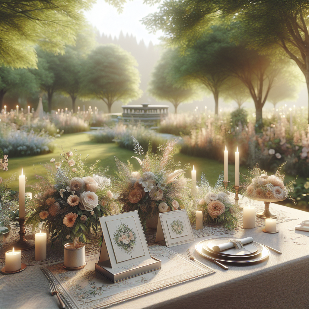 Outdoor memorial setting with a table of elegant memorial cards and soft pastel flowers.