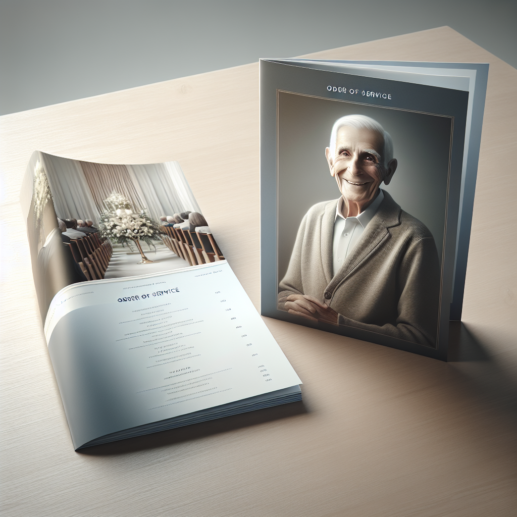 A realistic depiction of a funeral program sample with an elegant layout and muted colors.